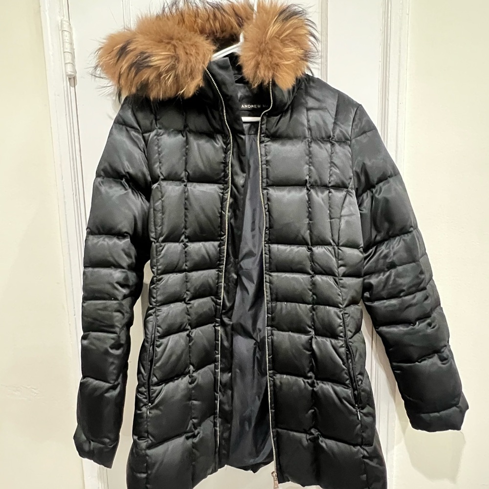 Andrew Marc Black and Brown Puffer Jacket with Detachable Fur Hood